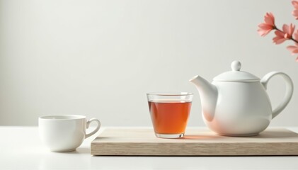 Fototapeta premium Minimalist white tea set for one with modern design, cup, ceramic, tableware