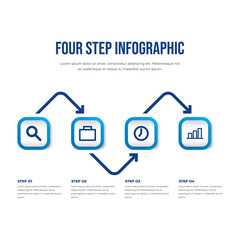 Minimal Arrow Four Step Infographic Template, Simple four step process infographic with arrows and icons in blue tone for presentation
