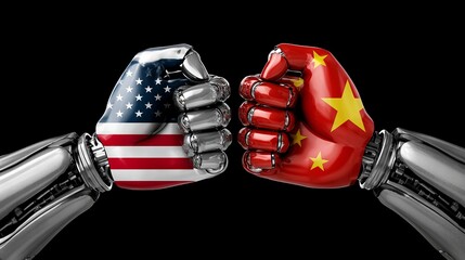 Chinese and American humanoid fists, symbol of competition, rivalry and dominance in the world
