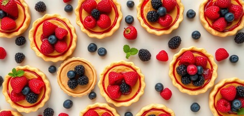 Overhead view of a seamless pattern featuring numerous berry pies, offering ample empty space, wallpaper, rustic