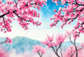 Fototapeta premium Overhead watercolor painting of blossoming sakura trees, forming a vibrant landscape plan , landscape architecture, tree