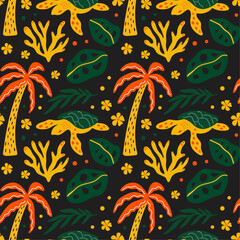 Tropical aesthetic, summer vacation vibes, holiday themed seamless vector pattern with cute groovy funky cartoon illustration of sea beach objects, palm tree, exotic flowers, coral reef, turtle, leaf
