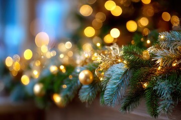 Festive evergreen boughs are adorned with golden ornaments  lights set against a softly blurred backdrop