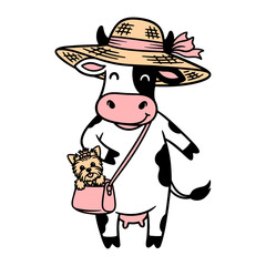 cow wearing a cute hat and a bag with a yorkshire terrier dog cartoon doodle sketch style