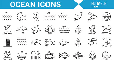Icons for ocean life, marine animals, and sea creatures in editable vector format
