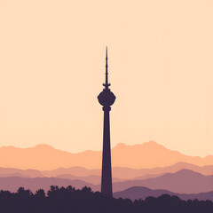 Obraz premium Silhouette of telecommunications tower against mountains at sunset 