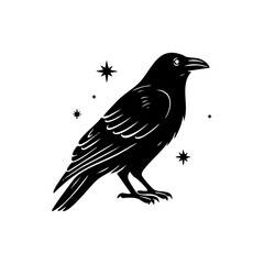 Obraz premium Stylized raven silhouette with scattered stars in elegant composition. Mysterious black bird illustration in minimalist night theme.