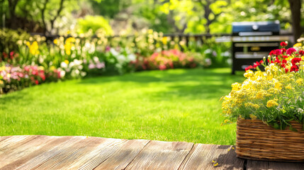 Summer time in backyard with wooden table, grill BBQ and blurred background