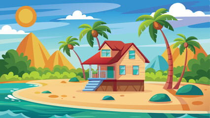 Obraz premium Tropical Cartoon Island Getaway Beach House, Palm Trees, Blue Sea, and Sunny Sky