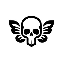 Fototapeta premium Minimalist black skull and wing symbol ideal for gothic or fantasy themes.