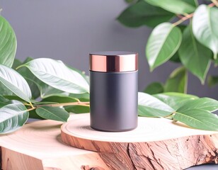 Matte black jar with a copper lid placed on a wooden slice, surrounded by green leaves against a soft gray background