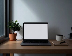 Fototapeta premium Minimalist desk setup with a laptop featuring a blank screen, a potted green plant, a coffee mug, a notebook with a pen, and a small decorative item, placed on a wooden surface with natural light stre