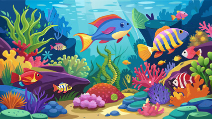 Fototapeta premium Tropical sea underwater fishes on coral reef. Aquarium oceanarium wildlife colorful marine panorama landscape nature snorkel diving