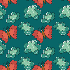 Seamless pattern with pink butterflies and clouds. Vector illustration
