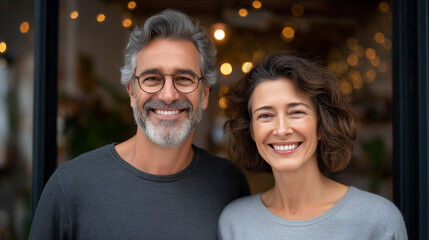 Fototapeta premium Small Business Owner Couple Smiling at Shop Entrance