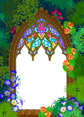 Background with gothic stained glass window, flowers and place for text. Illustration of fantasy fairy tale environment. Vector drawing for computer game, children's book cover, wallpaper, decoration