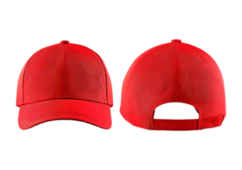 Bright red baseball cap front and back view on transparent background, PNG