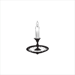 one light burning candle on a candlestick with a wide base