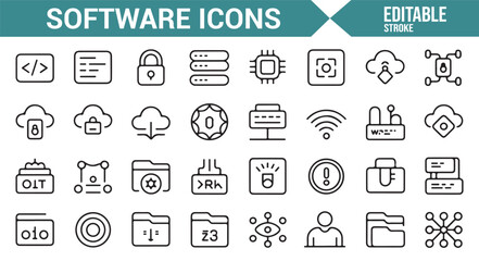 Editable icons for data storage, cloud services, and network security tools for software design.