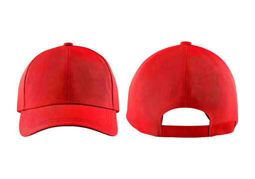 Bright red baseball cap front and back view on transparent background, PNG