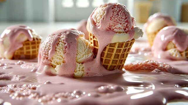 Melted ice cream cones with strawberry swirls on a white surface, dripping pink liquid, multiple cones in various stages of melting, close-up view, soft light, shallow depth of field