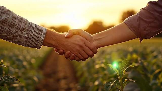 Close up of two hands shaking in a field at golden hour, warm sunset light, natural background, agricultural field, handshake, agreement, partnership, cooperation, business, deal, farmers, teamwork