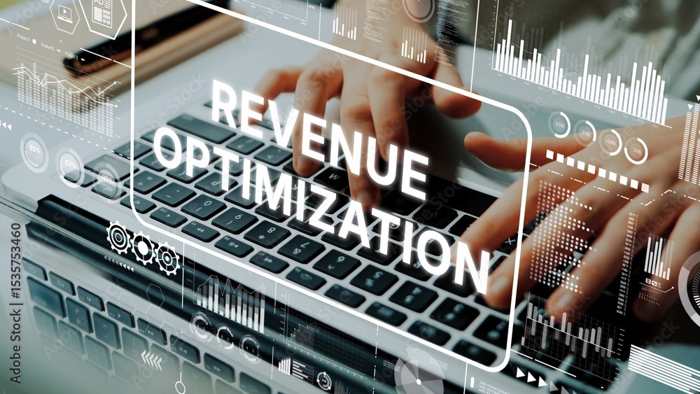 Poster revenue optimization concept with digital interface and hands typing on laptop keyboard. asymptotic 