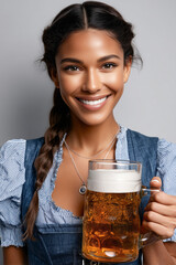 Smiling multiracial adult woman in traditional Bavarian dress holding a large glass of beer. Concept of Oktoberfest celebration, joy, and cultural tradition.