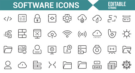 Icons for software applications, including cloud storage, network connectivity, and security.
