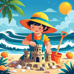 Naklejka premium Happy Child Building Sandcastle on Summer Beach with Waves and Seashells – Cartoon Vector Illustration