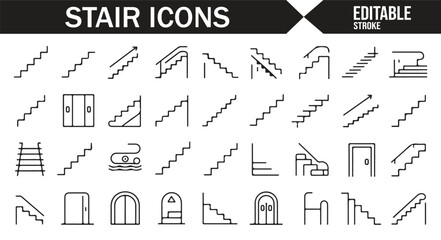 Obraz premium Icons representing different types of stairs, ladders, and stairways for construction and design.