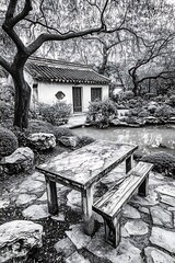 Traditional chinese garden with stone table and bench. Tranquil outdoor space with pond and old architecture. Zen design