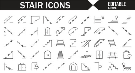 Editable stairs icons featuring various step and stair designs for architecture and construction.