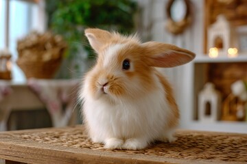 Obraz premium Fluffy tan and white rabbit sitting on a textured wood surface in front of a blurred lightfilled background