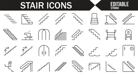 Editable vector icons for construction, featuring different styles of stairs and ladders.