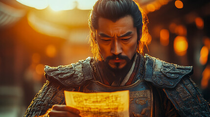 Warrior man reading a document in traditional armor at sunset  