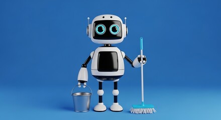 A friendly household robot holding a bucket and a soft brush for cleaning. Automated service and futuristic assistance in daily chores