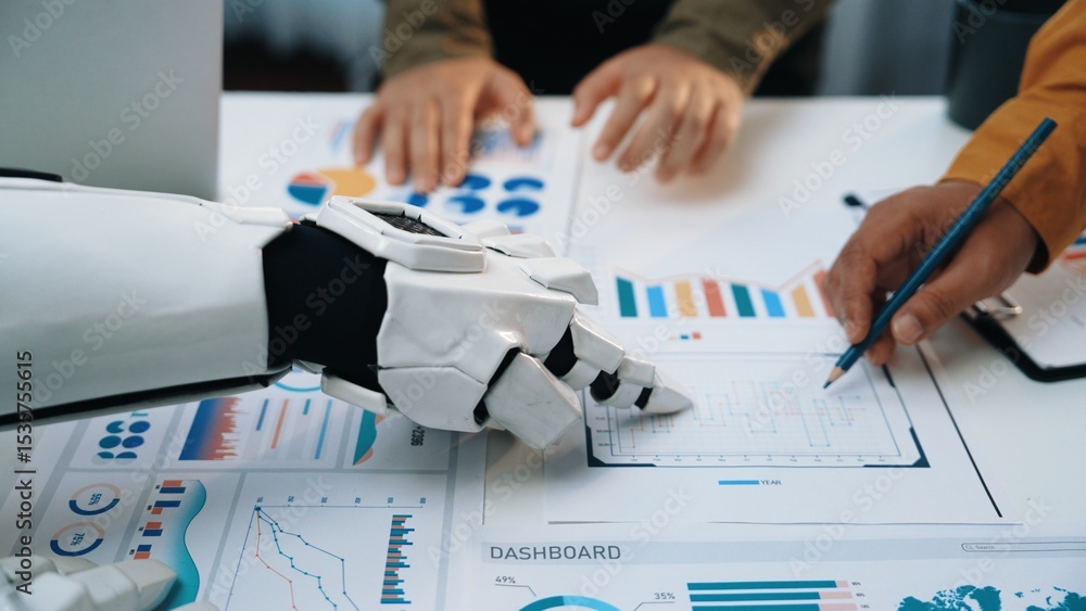 Poster a futuristic robot arm assists professionals in analyzing data with various graphs and charts on a m