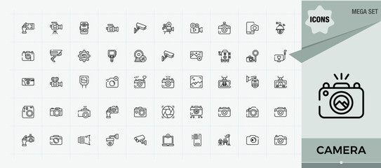 Camera modern icon set. Minimal thin line web icons set. Art and illustration. Photography related icon set. Contain linear sign photograph, media, capture, cam and more.