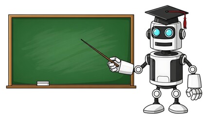 Robot wearing graduation cap with pointing stick presents on green chalk board. Concept of ai education and future learning