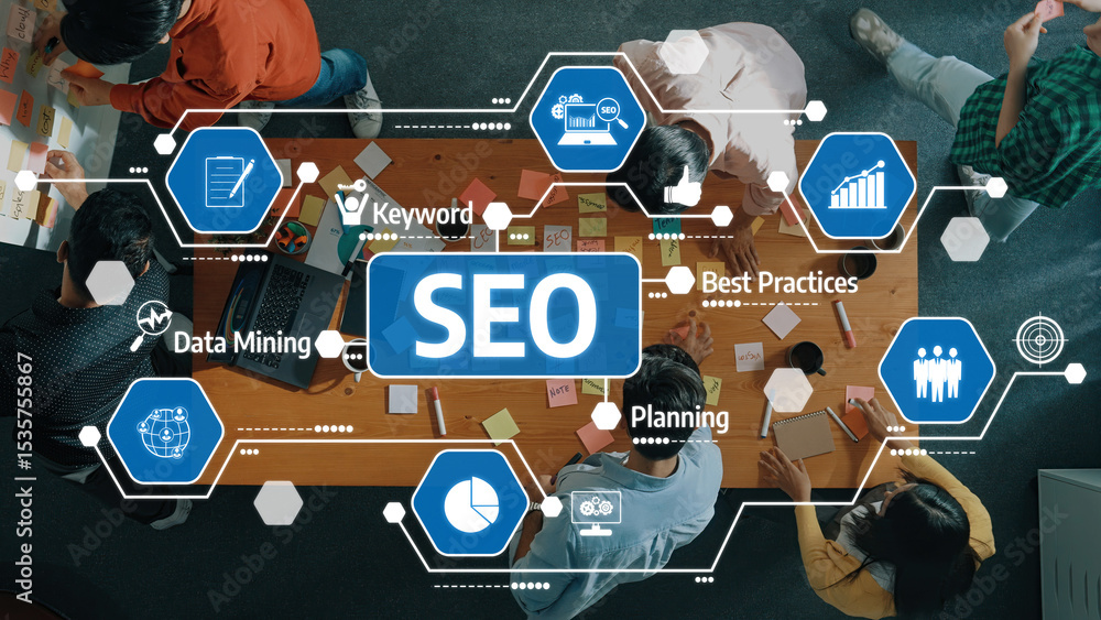 Poster teams engage in a vibrant seo strategy session using collaborative tools and planning techniques to 