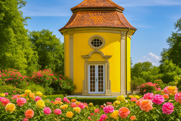 Colorful flowers surround a charming yellow building on a sunny day in a tranquil garden
