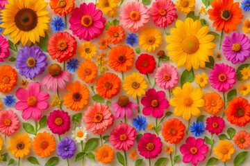Bright assortment of colorful flowers arranged beautifully on a light backdrop at a floral display