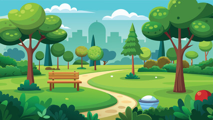 Park Scene with Trees, Pathway, Bench, and Distant City Skyline Illustration