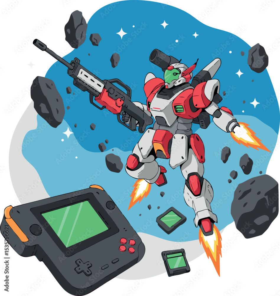 Poster robot soldier in space with retro handheld console and asteroids vector illustration