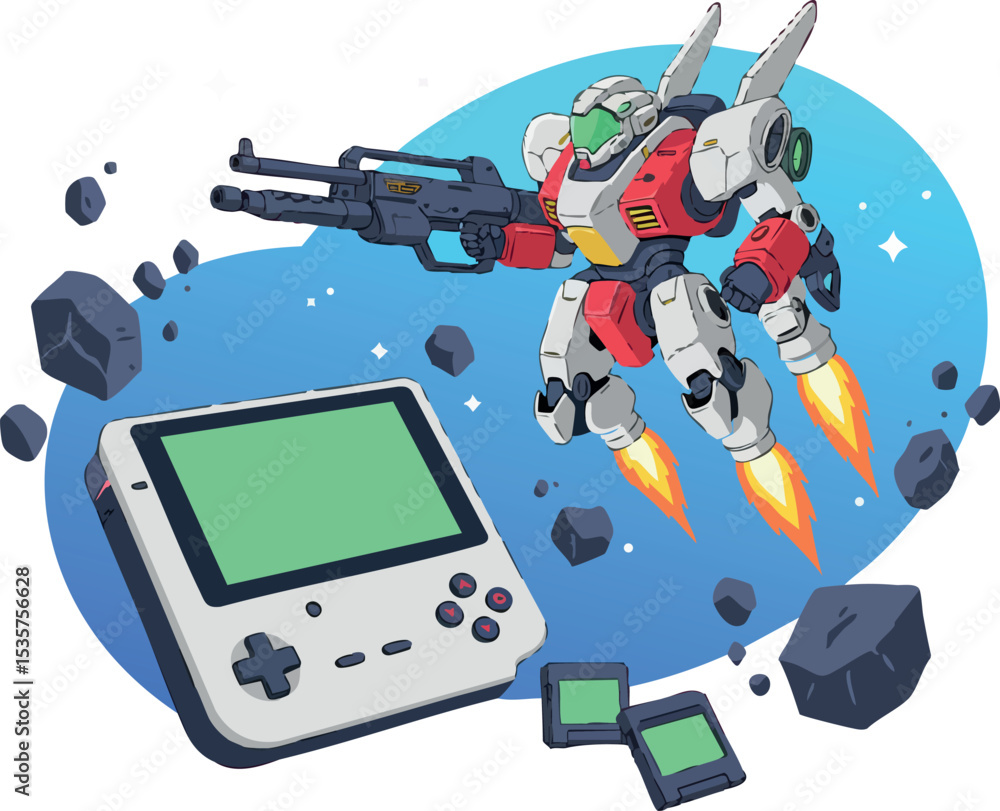 Poster futuristic robot shooting with retro handheld game console and cartridges vector illustration