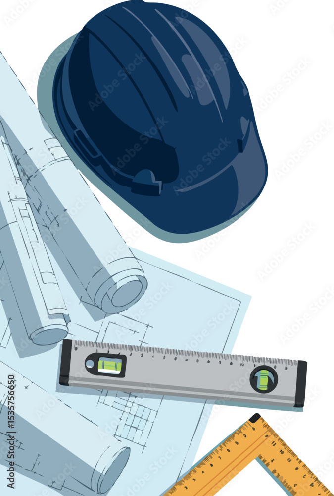 Poster construction helmet with blueprints ruler and triangle for building projects vector illustration