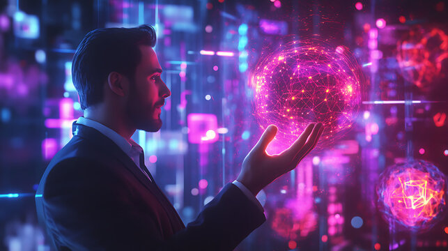 A businessman holding a glowing, floating artificial intelligence sphere, symbolizing global connectivity, data networks, and innovative technology in a futuristic, digital abstract environment