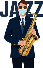 Naklejka premium Jazz musician playing saxophone wearing face mask and sunglasses vector illustration 