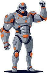 Futuristic robot warrior in gray and orange armor raising fist vector illustration 